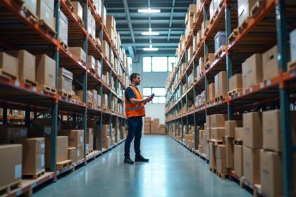 A well-organized warehouse with neatly arranged shelves filled with various products and a team member scanning an inventory with a handheld device, illuminated by natural light from large windows, photorealistic, 4K, HDR, cinematic lighting, ultra detailed, award-winning photography, studio shot, vibrant colors.
