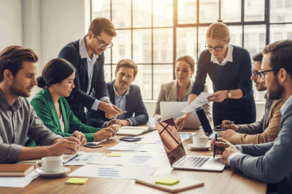 A focused market strategy meeting, with professionals discussing plans around a table filled with charts, laptops, and coffee cups, in a bright, modern office space, photorealistic, 4K, HDR, cinematic lighting, ultra detailed, award-winning photography, studio shot, vibrant colors.