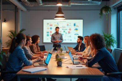 A modern office workspace featuring a diverse team collaborating around a large table with laptops, charts, and a whiteboard filled with notes, in a bright, well-lit environment. Photorealistic, 4K, HDR, cinematic lighting, ultra detailed, award-winning photography, studio shot, vibrant colors.