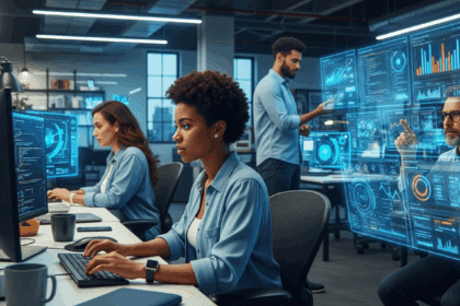 A dynamic office scene showcasing tech professionals engaged in intense work, surrounded by digital interfaces and data analytics, highlighting the dual nature of high salaries and heavy workloads. no texts on scene. keywords: photorealistic style, high resolution, 4k details, HDR, cinematic lighting, professional photography, studio lighting, vibrant colors.