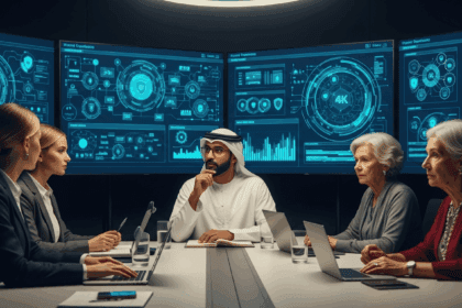 A modern conference room with international delegates engaging in a cybersecurity strategy discussion, featuring high-tech screens displaying data analytics and security protocols. No texts on scene. Keywords: photorealistic style, high resolution, 4k details, HDR, cinematic lighting, professional photography, studio lighting, vibrant colors.