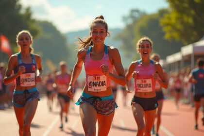 A vibrant outdoor running event with women of diverse backgrounds wearing colorful athletic gear, set against the backdrop of a sunny park in Guarulhos, with cheering crowds and banners, photorealistic, 4K, HDR, cinematic lighting, ultra detailed, award-winning photography, studio shot, vibrant colors.