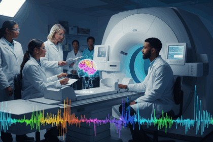 A serene and luminous laboratory filled with advanced neuroimaging equipment, where a diverse group of researchers engages in deep discussions about the complexities of consciousness, with flowing visual representations of brain activity in vibrant colors surrounding them. No texts on scene. Keywords: photorealistic style, high resolution, 4k details, HDR, cinematic lighting, professional photography, studio lighting, vibrant colors.