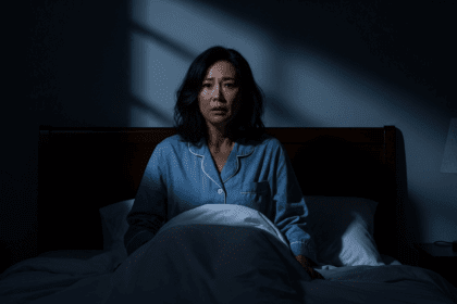 A dark bedroom at night with a figure sitting up in bed, looking distressed, illuminated by a sliver of moonlight coming through the window, with shadows casting eerily on the walls, photorealistic, 4K, HDR, cinematic lighting, ultra detailed, award-winning photography, studio shot, vibrant colors.