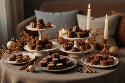 A cozy scene featuring an elegant chocolate tasting setup with various artisanal chocolates displayed on a stylish table, surrounded by warm lighting and inviting decorations that evoke the joy of savoring chocolates throughout the year. No texts on scene. Keywords: photorealistic style, high resolution, 4k details, HDR, cinematic lighting, professional photography, studio lighting, vibrant colors.