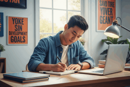 A person sitting at a desk with a notebook and a laptop, writing down goals for personal development, surrounded by motivational quotes on the wall, natural light streaming in through a window, photorealistic, 4K, HDR, cinematic lighting, ultra detailed, award-winning photography, vibrant colors.