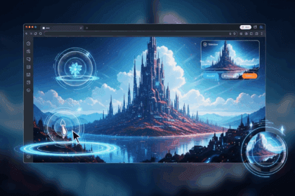A futuristic web browser interface showcasing an advanced AI assisting users with smooth navigation, featuring holographic elements and a vibrant digital landscape in the background. No texts on scene. Keywords: photorealistic style, high resolution, 4k details, HDR, cinematic lighting, professional photography, studio lighting, vibrant colors.