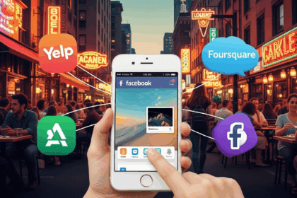 A dynamic scene of a mobile user engaging with the Facebook app on an iOS device, surrounded by vibrant graphics representing competitive location services like Yelp and Foursquare, showcasing a lively urban backdrop filled with people enjoying local attractions and dining. No texts on scene. Keywords: photorealistic style, high resolution, 4k details, HDR, cinematic lighting, professional photography, studio lighting, vibrant colors.