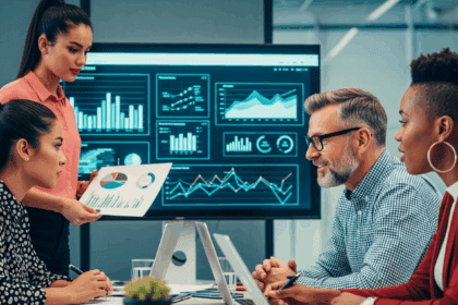 A modern office scene depicts a group of professionals in a meeting, analyzing graphs and data on digital screens, illustrating the complexities and challenges faced by medium-sized businesses. no texts on scene. Keywords: photorealistic style, high resolution, 4k details, HDR, cinematic lighting, professional photography, studio lighting, vibrant colors.