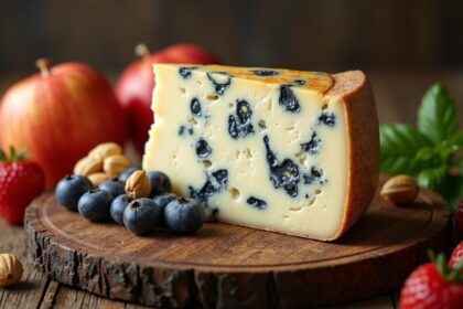 A wedge of Gorgonzola cheese on a rustic wooden board, surrounded by fresh fruits and nuts, with a soft light highlighting its creamy texture and blue marbling. Photorealistic, 4K, HDR, cinematic lighting, ultra detailed, award-winning photography, studio shot, vibrant colors.
