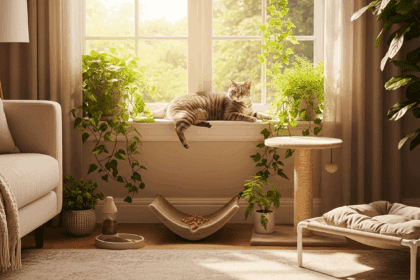 A serene living room scene featuring a content cat lounging on a sunny windowsill, surrounded by plants, cozy furniture, and health-related cat care items, reflecting an environment conducive to longevity and well-being. no texts on scene. Photorealistic style, high resolution, 4k details, HDR, cinematic lighting, professional photography, studio lighting, vibrant colors.