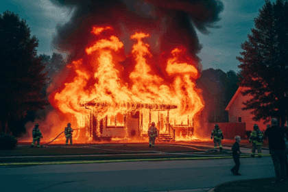 A house engulfed in flames with thick smoke rising, surrounded by firefighters and onlookers in a residential neighborhood, vivid orange and red flames contrasting with the dark smoke. Photorealistic, 4K, HDR, cinematic lighting, ultra detailed, award-winning photography, vibrant colors.