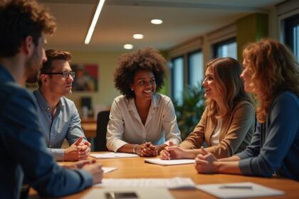 A diverse team of professionals engaged in a collaborative discussion around a conference table, showing expressions of empathy and understanding, with a warm, welcoming office environment in the background, photorealistic, 4K, HDR, cinematic lighting, ultra detailed, award-winning photography, studio shot, vibrant colors.