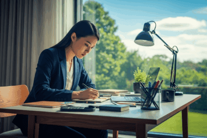 A focused individual in a modern office, leaning intently over a desk cluttered with essential tools, while a large window reveals a serene outdoor scene symbolizing clarity and purpose. No texts on scene. Keywords: photorealistic style, high resolution, 4k details, HDR, cinematic lighting, professional photography, studio lighting, vibrant colors.