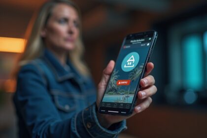 A close-up of a smartphone displaying a banking app with a warning icon and a blurred background of a worried person in an indoor setting. Photorealistic, 4K, HDR, cinematic lighting, ultra detailed, award-winning photography, studio shot, vibrant colors.