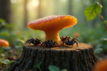 A close-up of a peculiar fungus growing on a tree stump, with small, zombified spiders crawling around it, captured in a forest setting with soft sunlight filtering through the leaves, photorealistic, 4K, HDR, cinematic lighting, ultra detailed, vibrant colors.