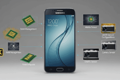 A sleek and modern smartphone design showcasing the Galaxy S6, surrounded by dynamic visuals depicting RAM challenges and diverse camera sensor variations, emphasizing technology and innovation. no texts on scene. Photorealistic style, high resolution, 4k details, HDR, cinematic lighting, professional photography, studio lighting, vibrant colors.