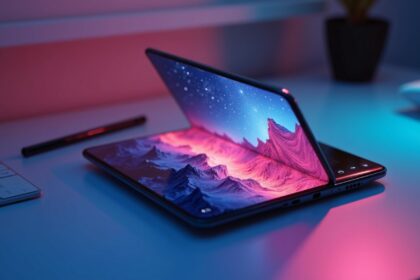 A close-up of a Samsung Galaxy Z Fold 3 smartphone on a sleek, modern desk, showcasing its open display and premium design, with a stylus and charger absent from the scene. Photorealistic, 4K, HDR, cinematic lighting, ultra detailed, award-winning photography, studio shot, vibrant colors.