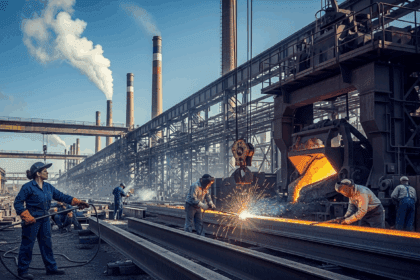 A gleaming steel factory with tall smokestacks under a clear blue sky, showcasing workers and machinery in action while gleaming steel beams are being processed, photorealistic, 4K, HDR, cinematic lighting, ultra detailed, award-winning photography, studio shot, vibrant colors.
