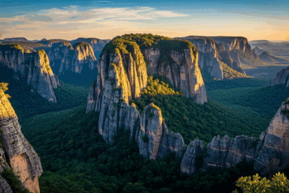 A stunning geological landscape featuring unique, faceted rock formations amidst lush Brazilian vegetation, highlighting the natural beauty and revolutionary aspects of geology. no texts on scene. photorealistic style, high resolution, 4k details, HDR, cinematic lighting, professional photography, studio lighting, vibrant colors.