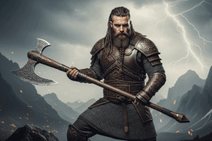 A powerful warrior stands fiercely wielding his axe against a backdrop of mountainous terrain and stormy skies, symbolizing the epic struggle and adventure of divine conflict. no texts on scene. Keywords: photorealistic style, high resolution, 4k details, HDR, cinematic lighting, professional photography, studio lighting, vibrant colors.