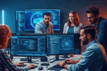 A dynamic scene depicting a modern tech office environment where a team is collaborating on the integration of sound-based authentication technology, showcasing sleek devices and vibrant screens filled with digital designs. No texts on scene. Keywords: photorealistic style, high resolution, 4k details, HDR, cinematic lighting, professional photography, studio lighting, vibrant colors.