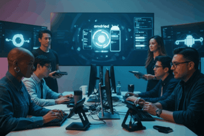 A mysterious tech lab filled with developers working intently on futuristic devices and screens showcasing the evolution of Android, illuminated by soft, atmospheric lighting. no texts on scene.  photorealistic style, high resolution, 4k details, HDR, cinematic lighting, professional photography, studio lighting, vibrant colors.