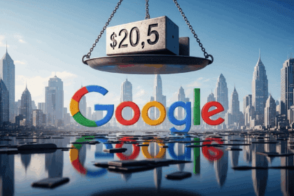 A surreal and dramatic portrayal of a colossal depiction of the Google logo being weighed down by a massive scale symbolizing the $20.5 trillion penalty, surrounded by a futuristic city skyline reflecting the weight of corporate accountability. No texts on scene.  
photorealistic style, high resolution, 4k details, HDR, cinematic lighting, professional photography, studio lighting, vibrant colors.