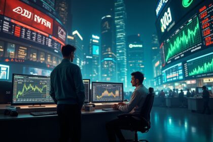 A bustling stock exchange with traders analyzing screens displaying market trends, green upward arrows, and a backdrop of skyscrapers, reflecting a vibrant financial atmosphere; photorealistic, 4K, HDR, cinematic lighting, ultra detailed, award-winning photography, studio shot, vibrant colors.