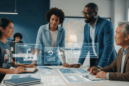 A modern, professional workspace featuring diverse professionals analyzing market trends and customer feedback, surrounded by charts and digital displays. No texts on scene. Keywords: photorealistic style, high resolution, 4k details, HDR, cinematic lighting, professional photography, studio lighting, vibrant colors.