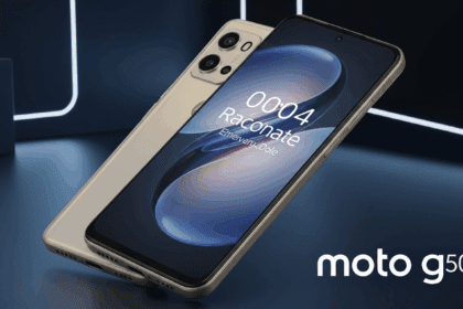 A futuristic smartphone design featuring the Moto G50 5G, showcasing a sleek body and a cutting-edge triple-camera system against a stylish backdrop, emphasizing innovation and technology. no texts on scene. Keywords: photorealistic style, high resolution, 4k details, HDR, cinematic lighting, professional photography, studio lighting, vibrant colors.