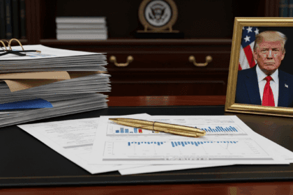 A close-up shot of a luxury office desk with a gold-plated pen, financial reports, and a framed photograph of Donald Trump, showcasing a contrast between wealth and policy impact, photorealistic, 4K, HDR, cinematic lighting, ultra detailed, award-winning photography, vibrant colors.