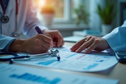 A close-up of a doctor's hands examining medical charts, with a stethoscope and glucose monitor on the table, illuminated by soft, warm light; photorealistic, 4K, HDR, ultra-detailed, vibrant colors.