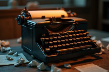 A close-up of a vintage typewriter with crumpled papers scattered around, dimly lit with a warm glow highlighting the intricate keys, set on a rustic wooden table. Photorealistic, 4K, HDR, cinematic lighting, ultra detailed, award-winning photography, studio shot, vibrant colors.