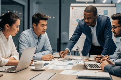 A close-up shot of a diverse group of entrepreneurs discussing a business plan around a modern conference table, with laptops and coffee cups, in a well-lit office space. Photorealistic, 4K, HDR, cinematic lighting, ultra detailed, award-winning photography, studio shot, vibrant colors.