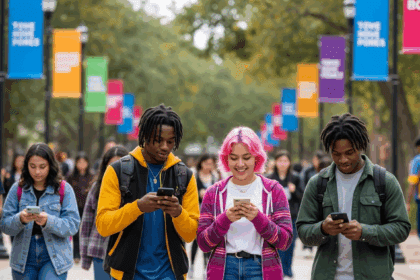 A vibrant and busy university campus scene featuring students interacting with digital devices and flashing enrollment banners, embodying excitement and opportunity, under bright daylight. No texts on scene. Keywords: photorealistic style, high resolution, 4k details, HDR, cinematic lighting, professional photography, studio lighting, vibrant colors.