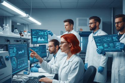 A modern laboratory setting with scientists in white coats collaborating on a technology transfer project, showcasing advanced equipment and digital displays with data graphs. Photorealistic, 4K, HDR, cinematic lighting, ultra detailed, award-winning photography, studio shot, vibrant colors.
