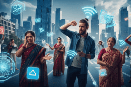 A digital landscape showcasing frustrated users experiencing internet disruptions, with visual elements representing connectivity issues, such as broken signals and loading icons amidst a modern city backdrop. No texts on scene. Keywords: photorealistic style, high resolution, 4k details, HDR, cinematic lighting, professional photography, studio lighting, vibrant colors.