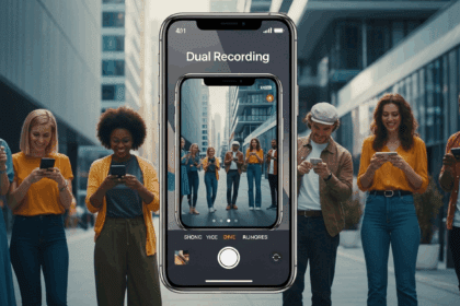 A vibrant and dynamic scene showcasing an iPhone displaying the new dual recording feature, with a backdrop of tech enthusiasts joyfully interacting with their devices in a modern urban environment. no texts on scene. Keywords: photorealistic style, high resolution, 4k details, HDR, cinematic lighting, professional photography, studio lighting, vibrant colors.