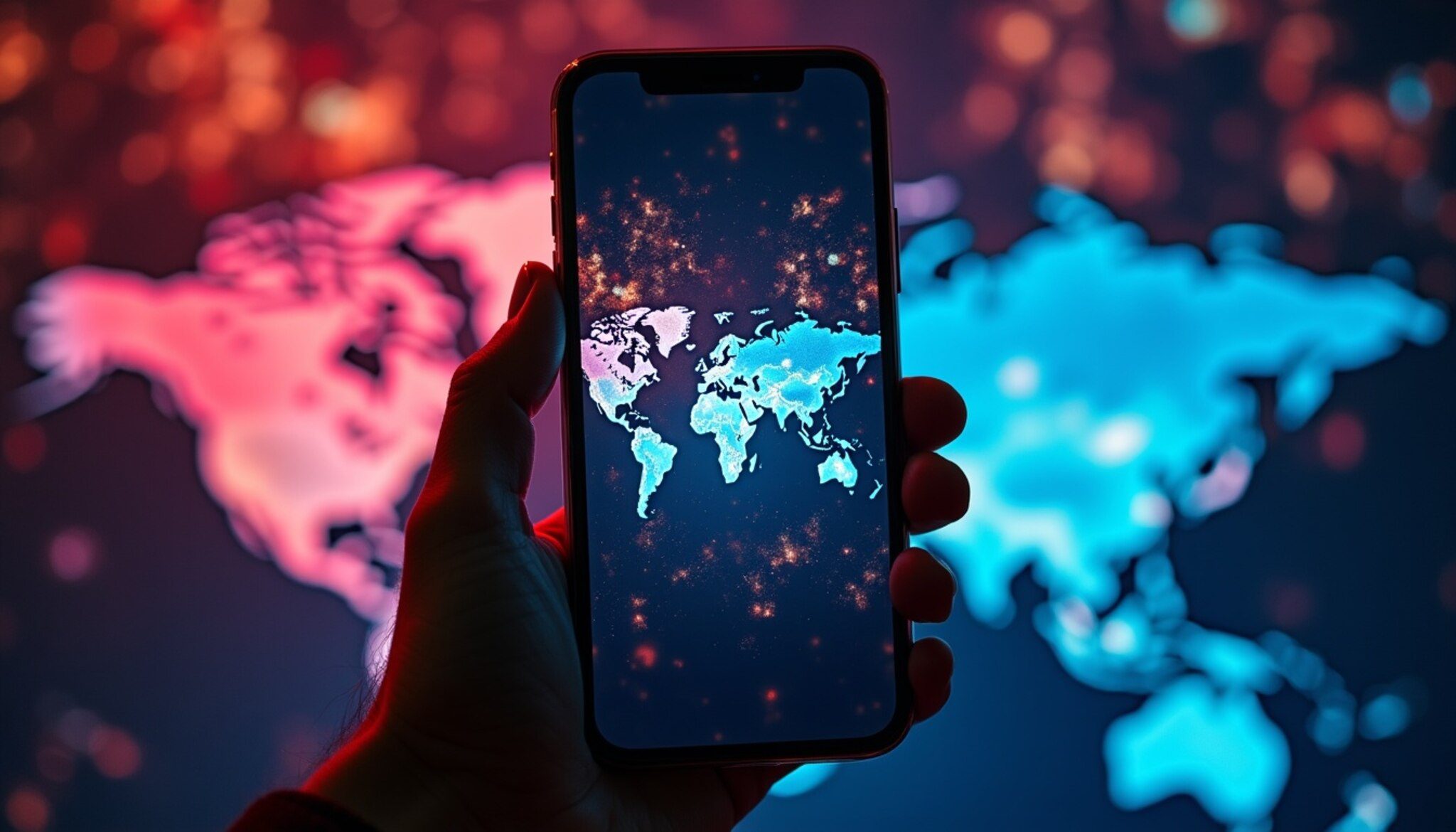 An iPhone displaying a notification on its screen with a global map in the background, emphasizing the worldwide reach of the alert, photorealistic, 4K, HDR, cinematic lighting, ultra detailed, award-winning photography, studio shot, vibrant colors.