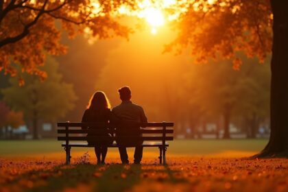 A serene park at sunset with a couple sitting on a bench, looking pensive and holding hands, surrounded by autumn leaves and soft golden light. photorealistic, 4K, HDR, cinematic lighting, ultra detailed, award-winning photography, studio shot, vibrant colors.