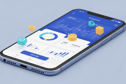 A dynamic scene showcasing a modern financial app interface on a sleek smartphone, surrounded by charts and icons representing various financial tools and features, radiating innovation and efficiency. No texts on scene. Keywords: photorealistic style, high resolution, 4k details, HDR, cinematic lighting, professional photography, studio lighting, vibrant colors.