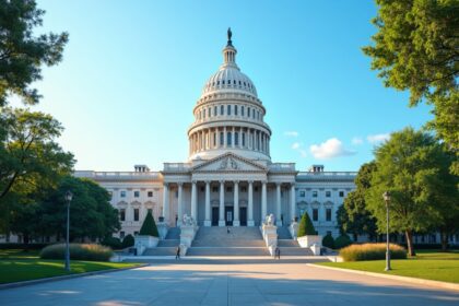 A serene government building with modern architecture surrounded by trees and a clear blue sky, symbolizing strength and democracy, photorealistic, 4K, HDR, cinematic lighting, ultra detailed, award-winning photography, studio shot, vibrant colors.