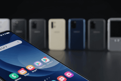 A close-up view of a Samsung smartphone displaying the One UI 7 update interface, with a soft focus background of older Samsung devices, in a well-lit setting, showcasing the sleek design and modern features, photorealistic, 4K, HDR, cinematic lighting, ultra detailed, vibrant colors.