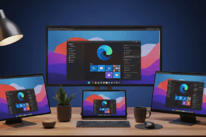 A dynamic and modern Linux environment showcasing the stable release of Microsoft Edge, featuring vibrant graphics of the browser in action on sleek devices, surrounded by a collaborative workspace. No texts on scene. Photorealistic style, high resolution, 4k details, HDR, cinematic lighting, professional photography, studio lighting, vibrant colors.