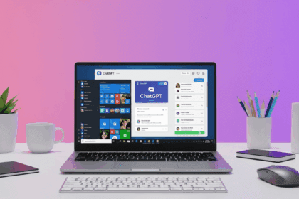 A dynamic scene showcasing a polished laptop displaying the official ChatGPT app interface on Windows, surrounded by modern tech accessories and a vibrant workspace. No texts on scene. Keywords: photorealistic style, high resolution, 4k details, HDR, cinematic lighting, professional photography, studio lighting, vibrant colors.