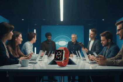 A contemporary scene featuring a sleek, futuristic Apple Watch displayed elegantly on a minimalist glass table, surrounded by tech enthusiasts eagerly engaging in discussions, with a backdrop of modern devices and ambient lighting that highlights the watch's design. No texts on scene. Keywords: photorealistic style, high resolution, 4k details, HDR, cinematic lighting, professional photography, studio lighting, vibrant colors.
