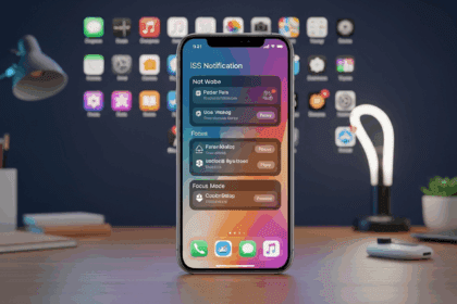 A sleek and modern visual of an iPhone displaying the new notification features of iOS 15, surrounded by vibrant app icons and a tech-savvy environment. no texts on scene. Keywords: photorealistic style, high resolution, 4k details, HDR, cinematic lighting, professional photography, studio lighting, vibrant colors.