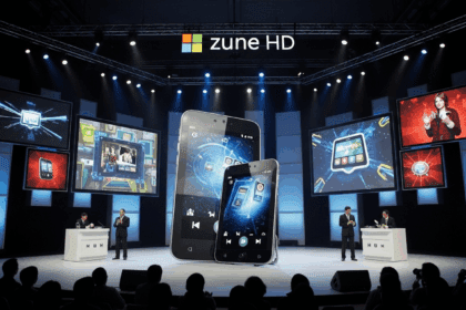 A dynamic launch event showcasing the Microsoft Zune HD with futuristic game and app displays, sleek tech presentations, and an audience engaged with vibrant digital screens. No texts on scene. Keywords: photorealistic style, high resolution, 4k details, HDR, cinematic lighting, professional photography, studio lighting, vibrant colors.