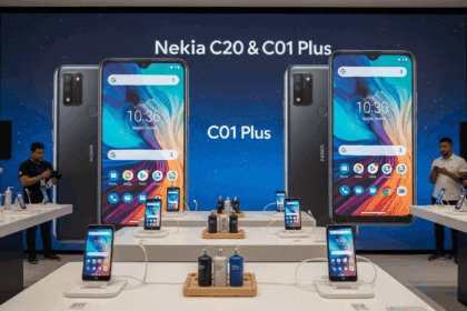 A vibrant launch scene featuring the new Nokia C20 and C01 Plus smartphones on display in a modern retail environment in Brazil, showcasing their sleek design and Android 11 Go interface, surrounded by excited customers and promotional lighting. No texts on scene. 

Keywords: photorealistic style, high resolution, 4k details, HDR, cinematic lighting, professional photography, studio lighting, vibrant colors.